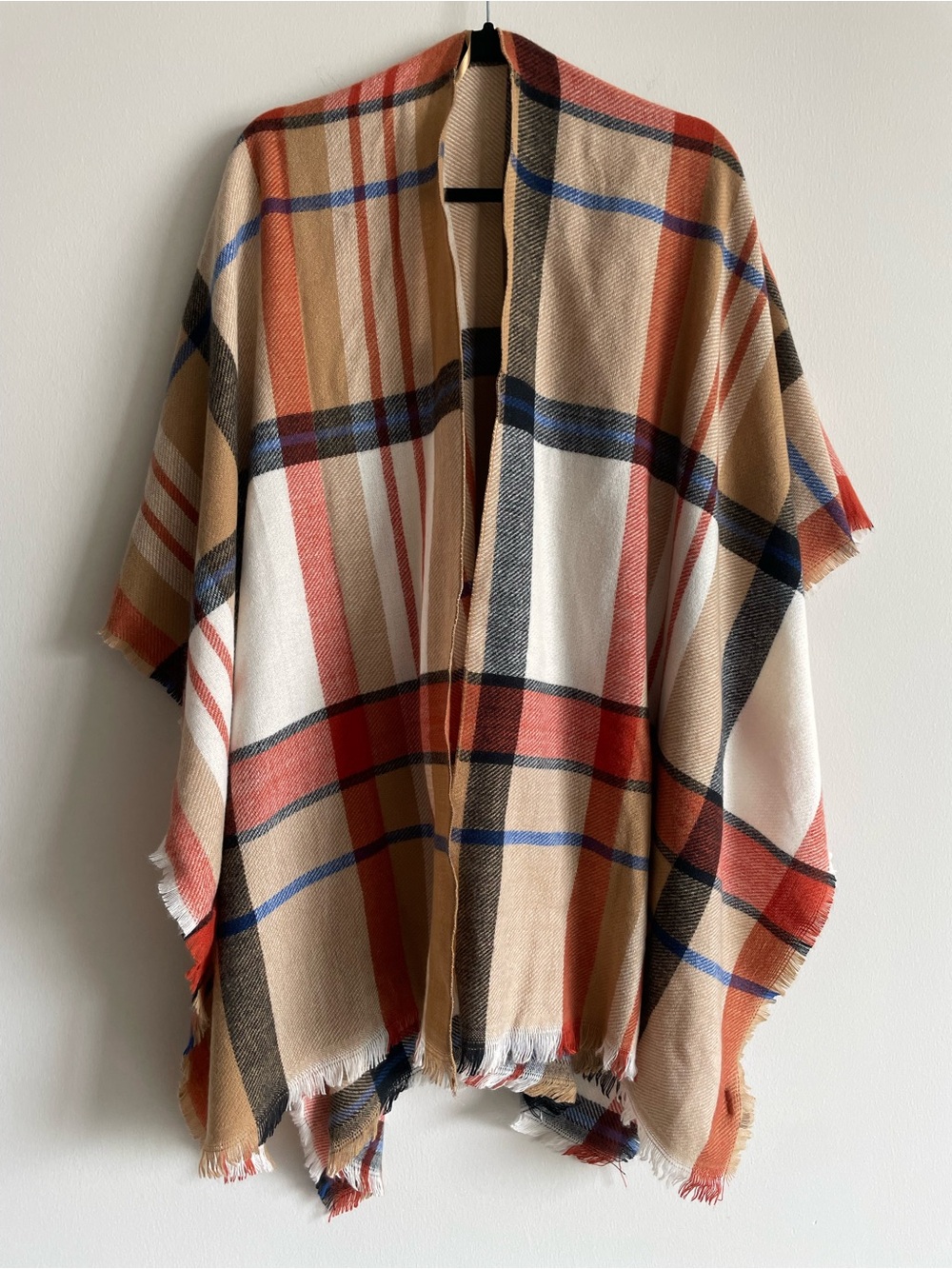 Old Navy blanket scarf madras plaid raw hem cape shawl camel blue fall winter OS